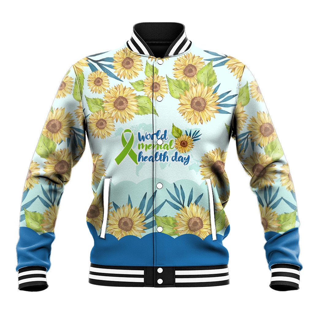 World Mental Health Day Sunflower Baseball Jacket Watercolor Floral Brain Awareness Support