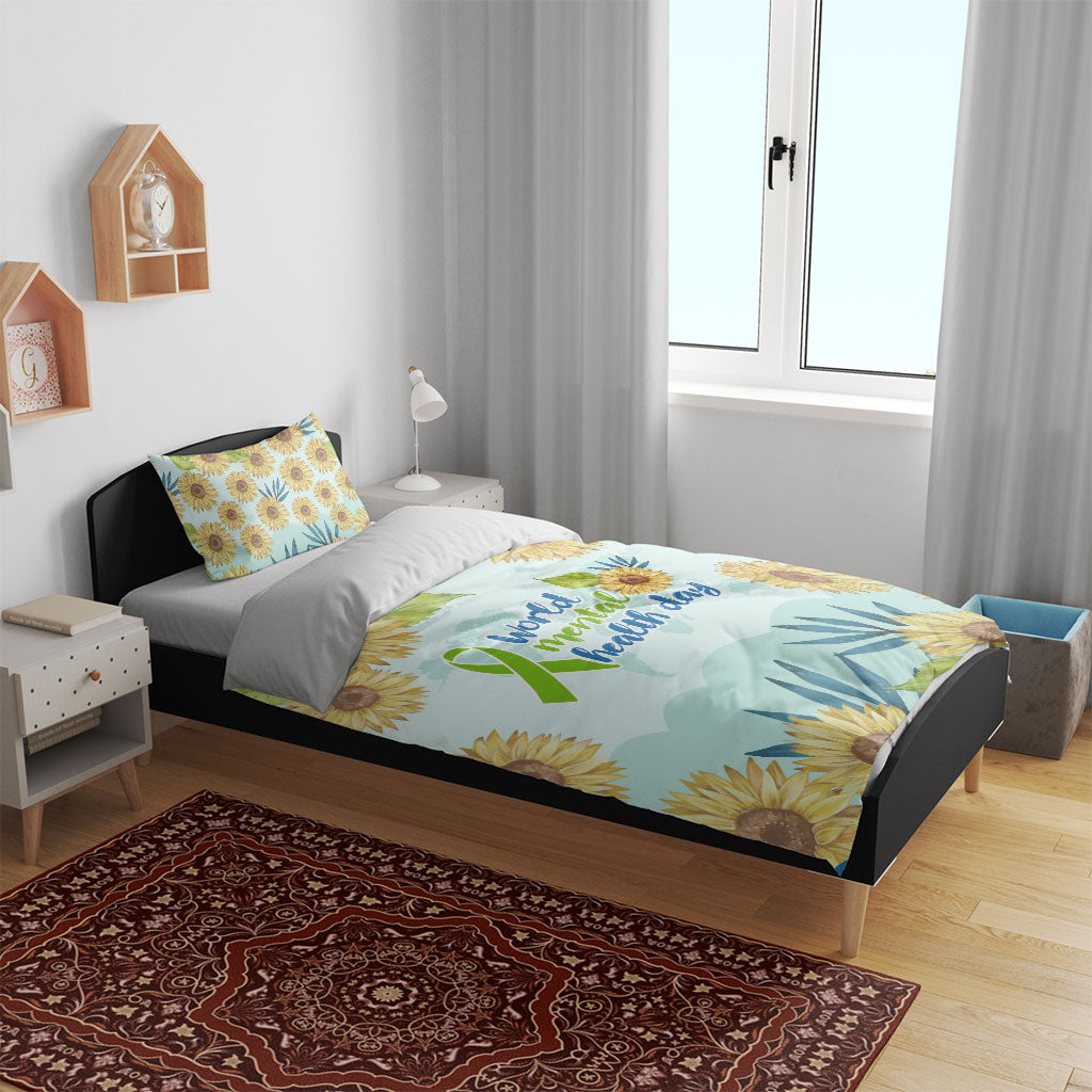 World Mental Health Day Sunflower Bedding Set Watercolor Floral Brain Awareness Support