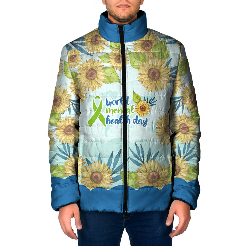 World Mental Health Day Sunflower Padded Jacket Watercolor Floral Brain Awareness Support