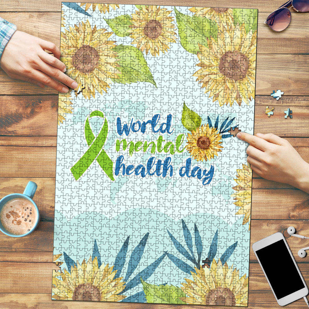 World Mental Health Day Sunflower Puzzle Watercolor Floral Brain Awareness Support