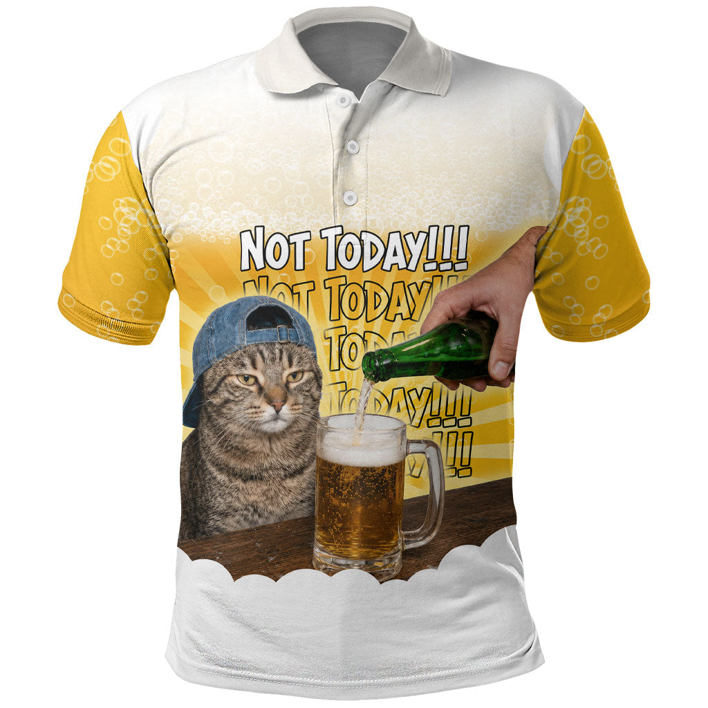 Funny Cat Drinking Beer Not Today Polo Shirt Funny Drinking Meme Graphic Vintage Bar Humor