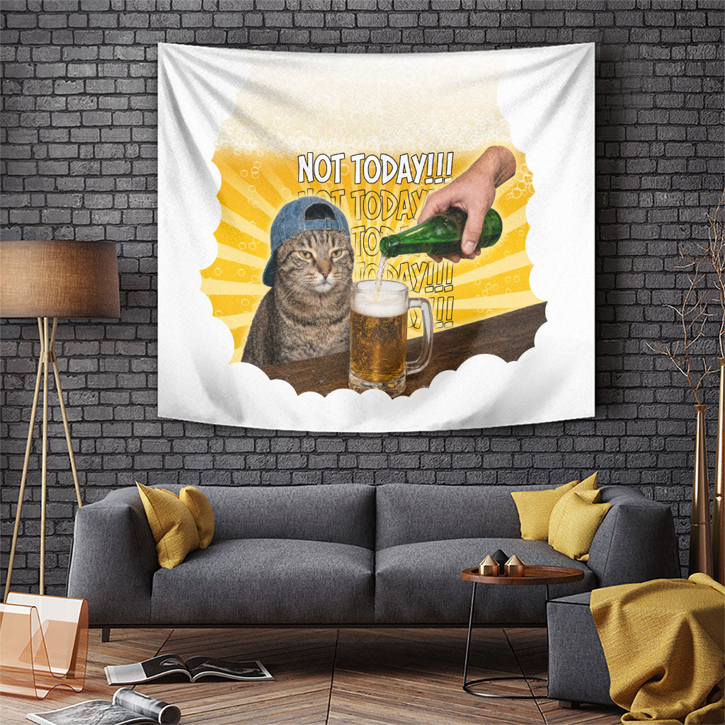 Funny Cat Drinking Beer Not Today Tapestry Funny Drinking Meme Graphic Vintage Bar Humor
