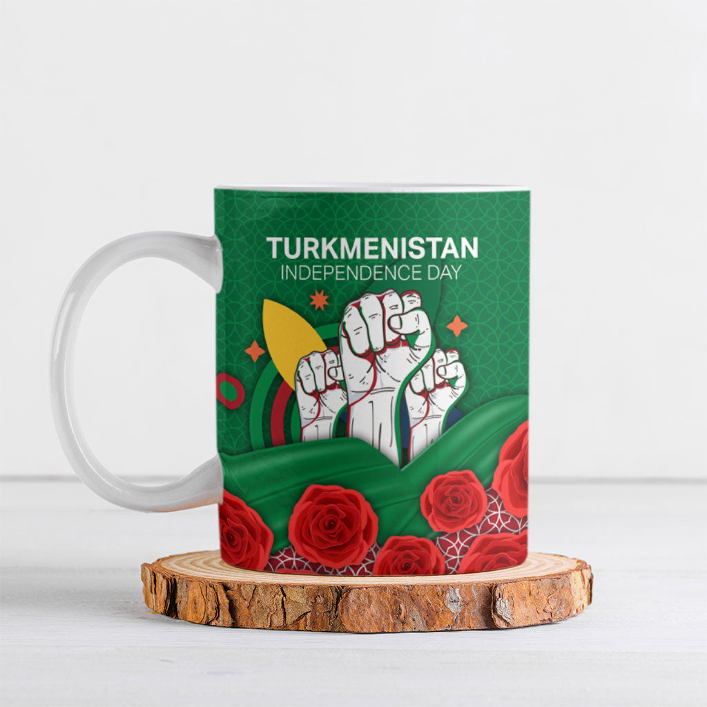 Turkmenistan Independence Day Ceramic Mug National Flag Red Rose Floral Patriotic Symbol
