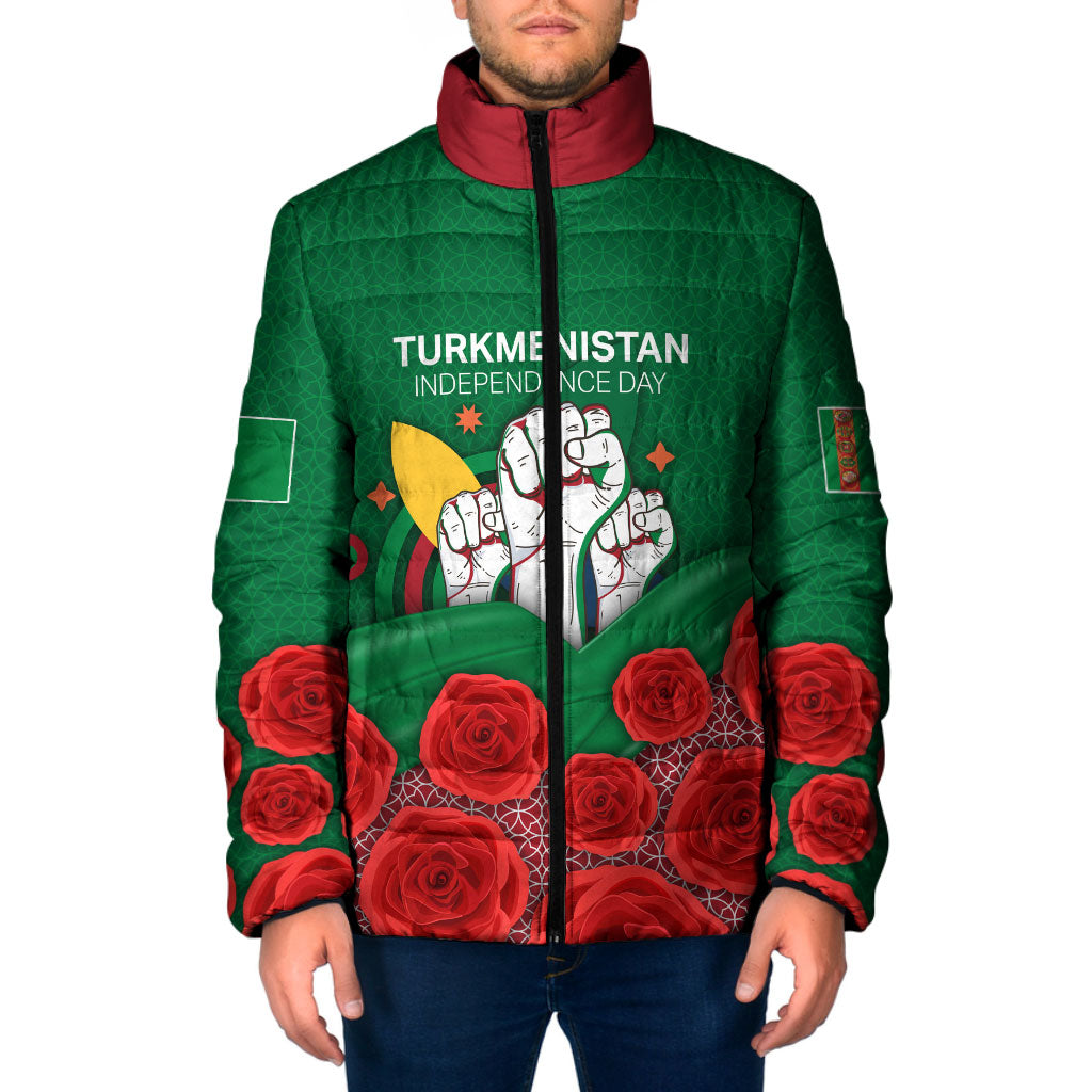Turkmenistan Independence Day Padded Jacket National Flag Red Rose Floral Patriotic Symbol