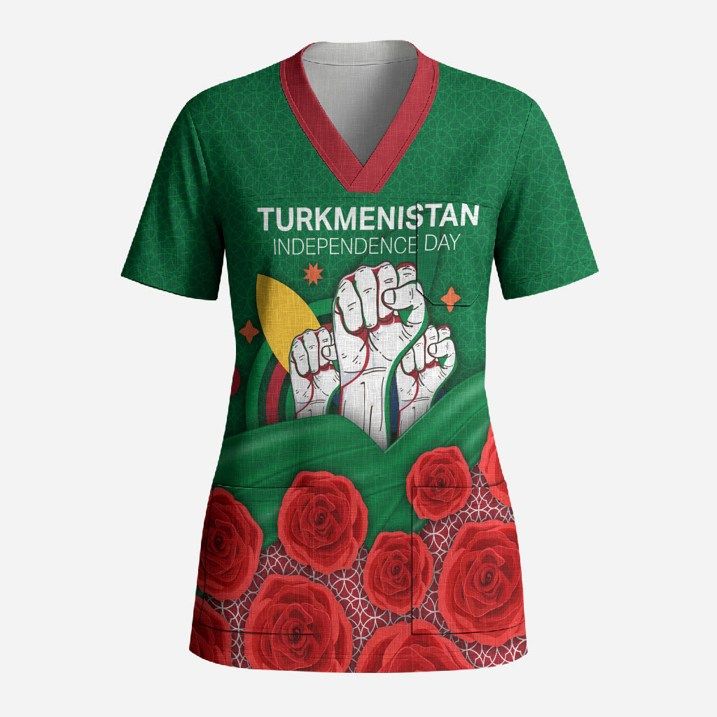 Turkmenistan Independence Day Scrub Top National Flag Red Rose Floral Patriotic Symbol