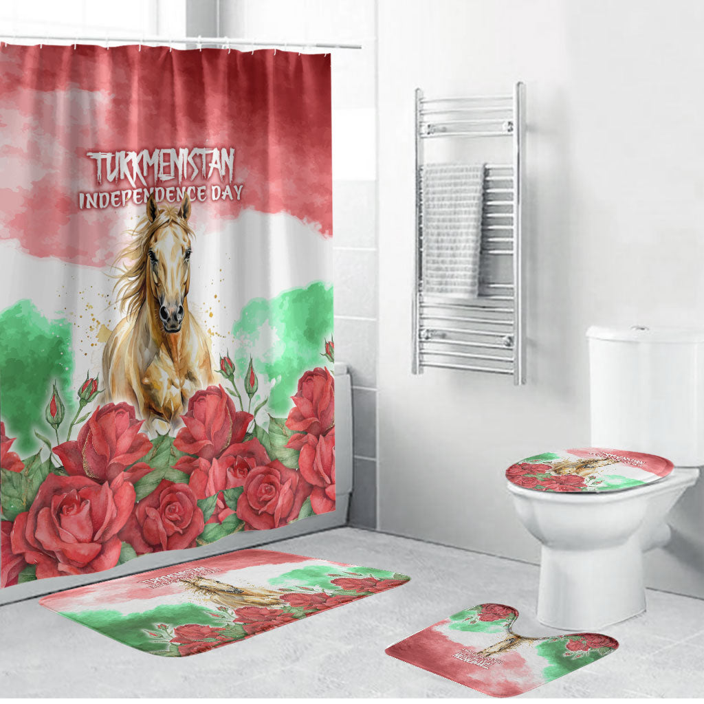 Turkmenistan Independence Day Akhal-Teke Horse Bathroom Set Watercolor Flag Red Rose Floral Monument