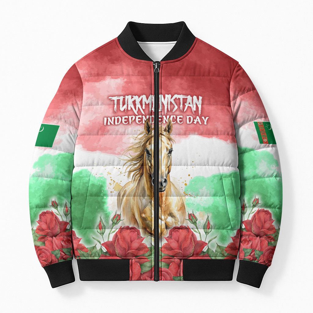 Turkmenistan Independence Day Akhal-Teke Horse Bomber Puffer Jacket Watercolor Flag Red Rose Floral Monument