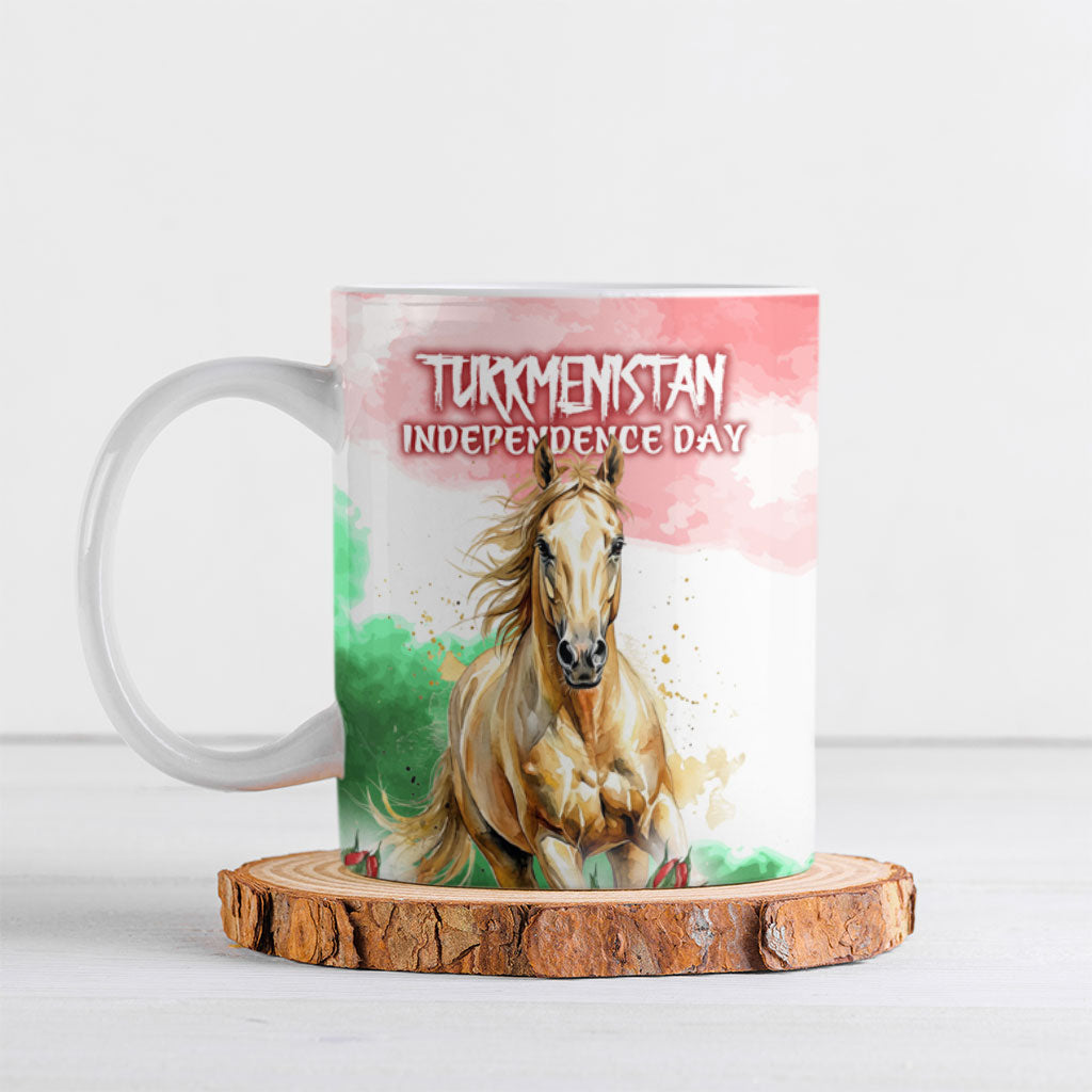 Turkmenistan Independence Day Akhal-Teke Horse Ceramic Mug Watercolor Flag Red Rose Floral Monument