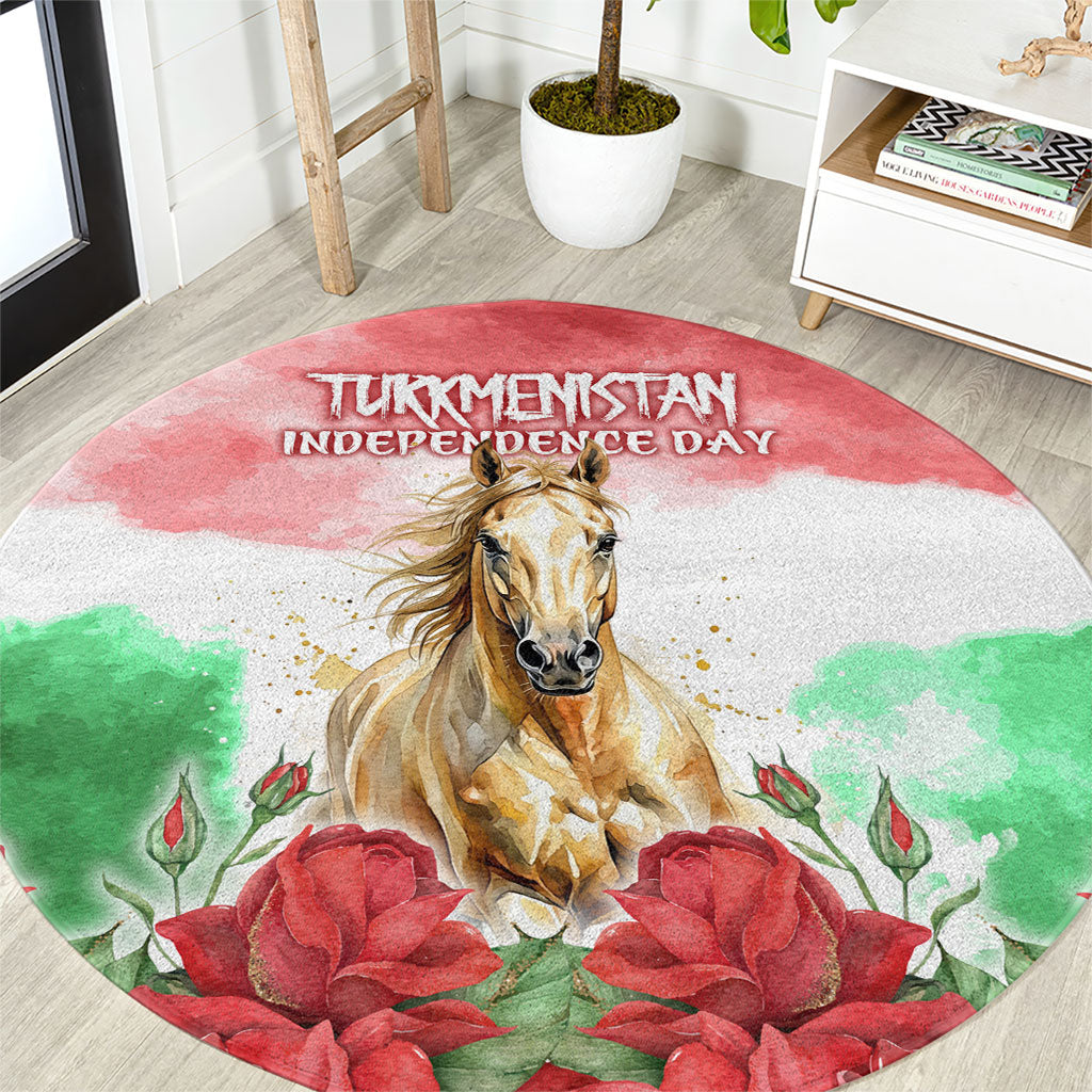 Turkmenistan Independence Day Akhal-Teke Horse Round Carpet Watercolor Flag Red Rose Floral Monument
