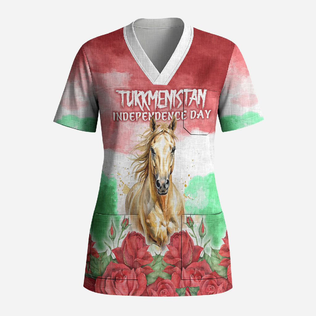 Turkmenistan Independence Day Akhal-Teke Horse Scrub Top Watercolor Flag Red Rose Floral Monument