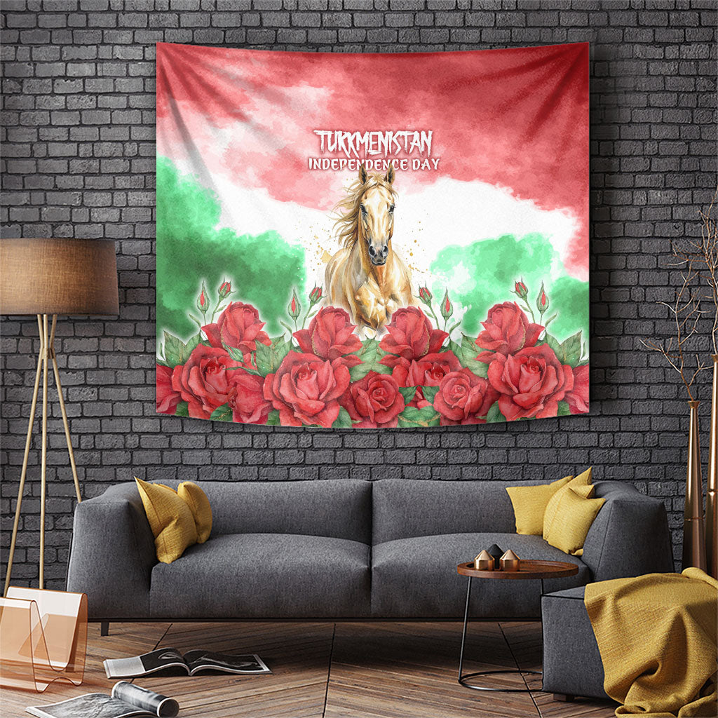 Turkmenistan Independence Day Akhal-Teke Horse Tapestry Watercolor Flag Red Rose Floral Monument