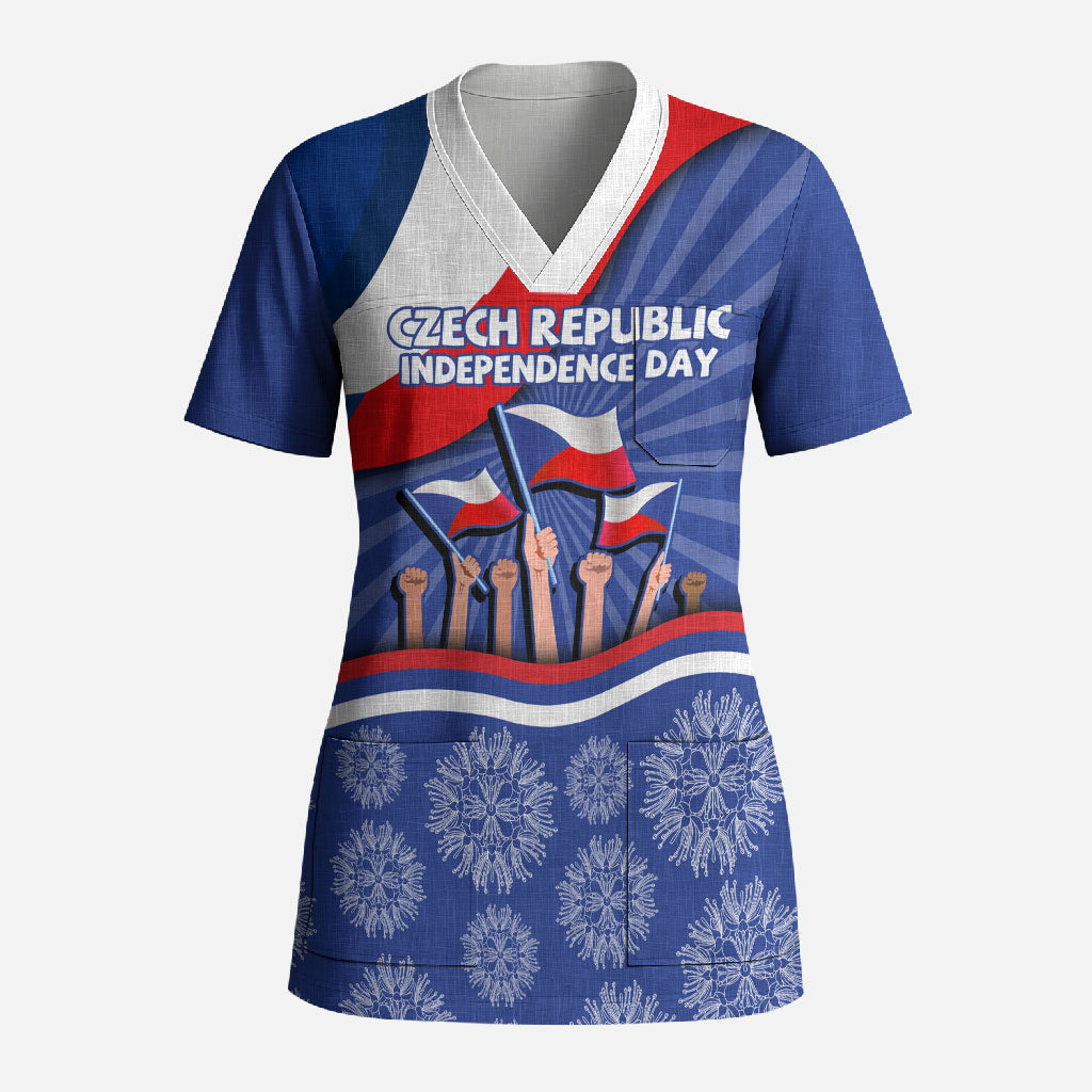 Czech Republic Independence Day Scrub Top Patriotic Flag Raised Fist Pride