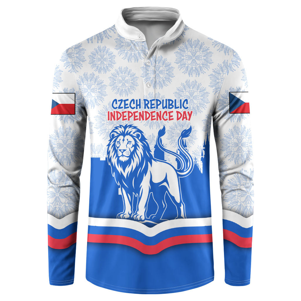 Czech Republic Independence Day Button Sweatshirt Czechia Lion Patriotic Flag Castle Skyline