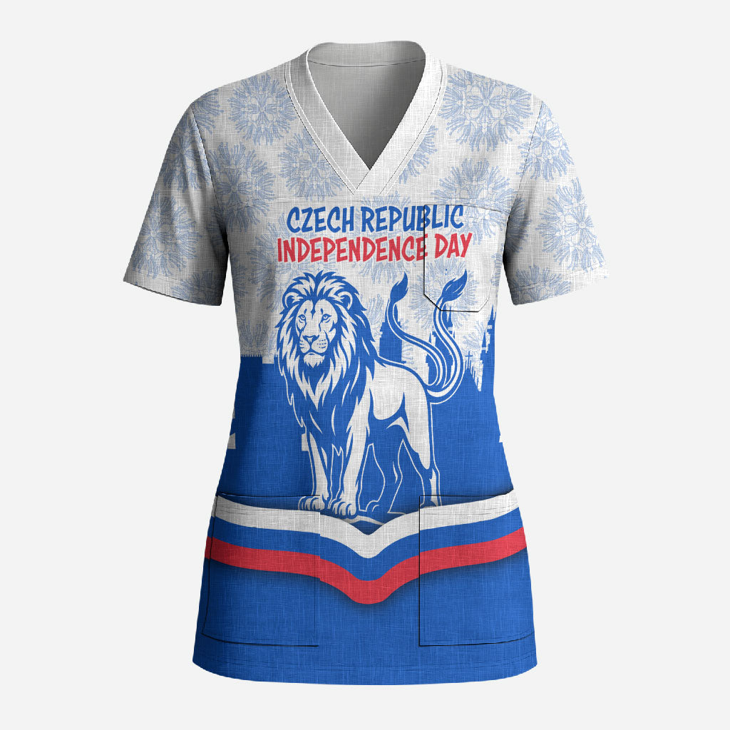 Czech Republic Independence Day Scrub Top Czechia Lion Patriotic Flag Castle Skyline