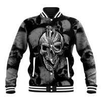 Black baseball jacket with front skull graphic, button placket and striped collar