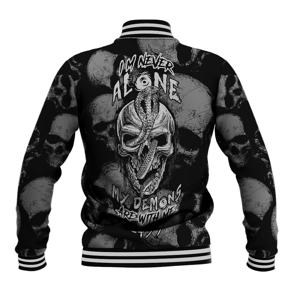 Black baseball jacket with skull back graphic, striped ribbed cuffs