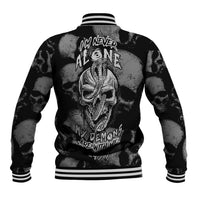 Black baseball jacket with skull back graphic, striped ribbed cuffs