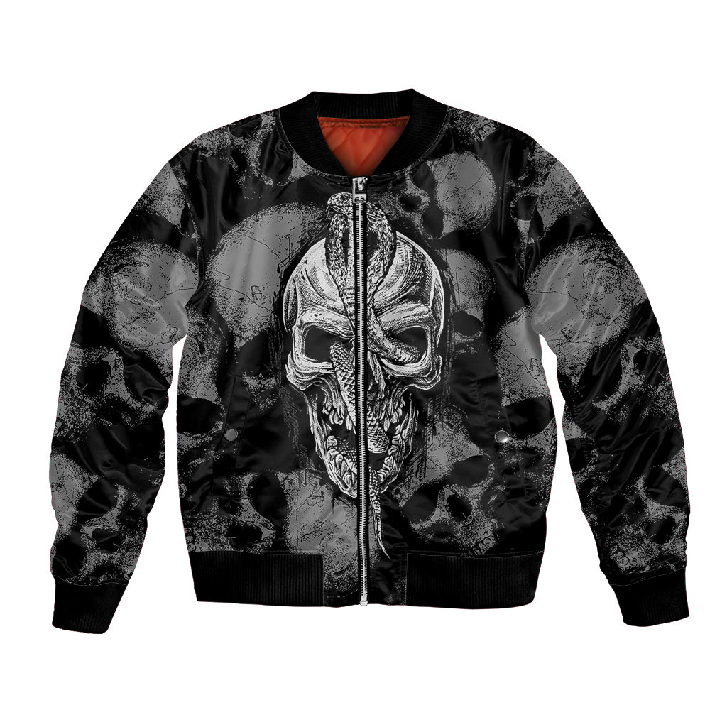 Black unisex bomber jacket with front zipper and large skull graphic on satin
