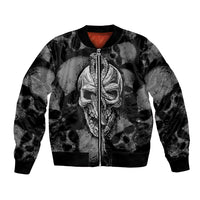 Black unisex bomber jacket with front zipper and large skull graphic on satin