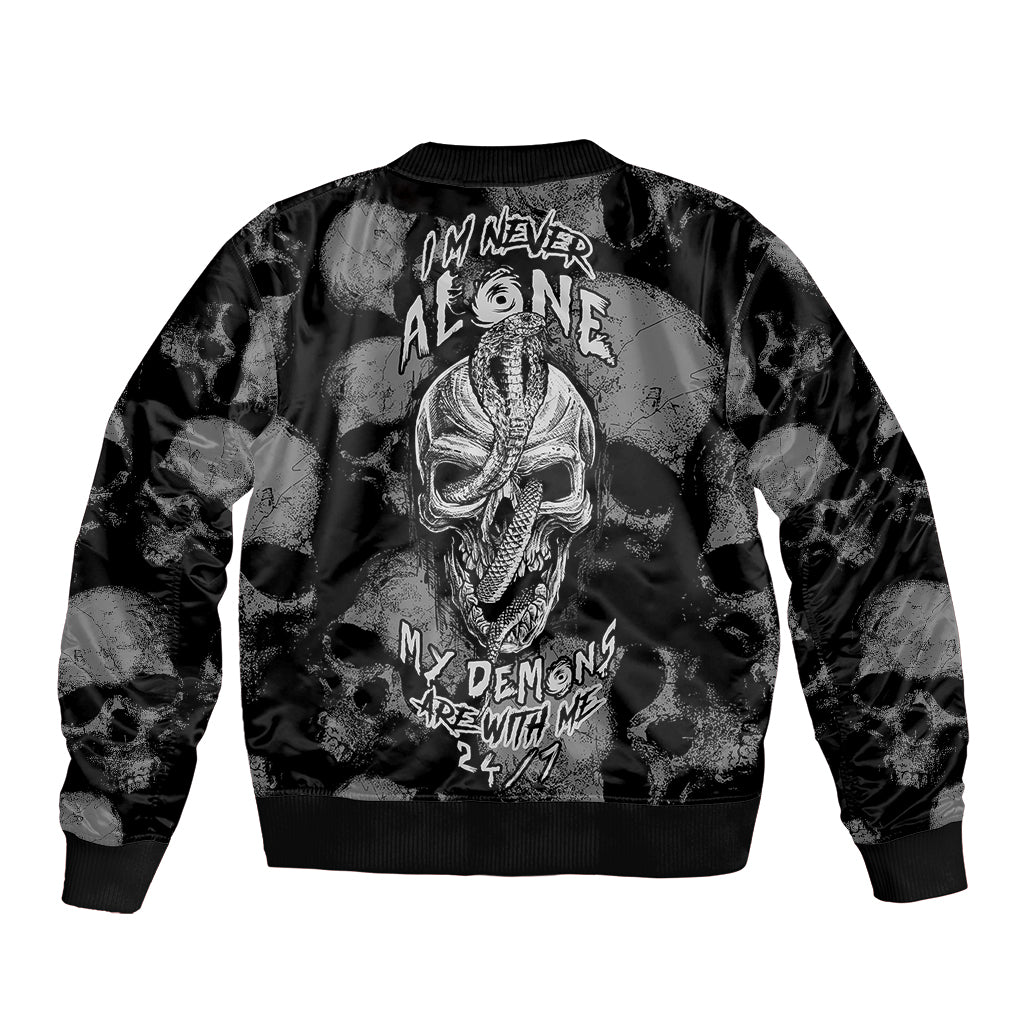 Black unisex bomber jacket with centered skull graphic and ribbed cuffs and hem