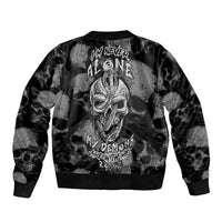 Black unisex bomber jacket with centered skull graphic and ribbed cuffs and hem