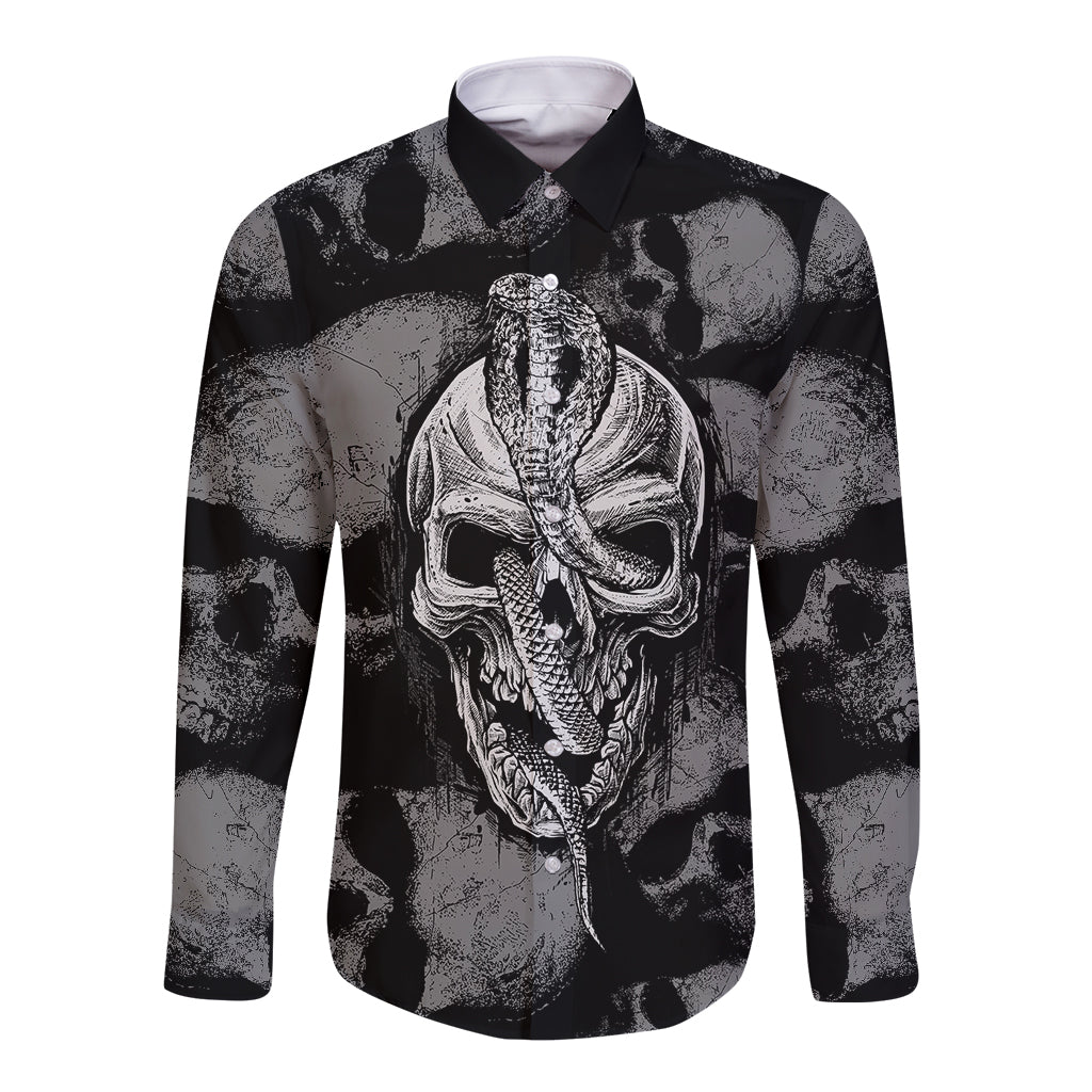 Black long sleeve button shirt with front skull and demon graphic