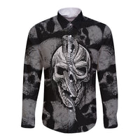 Black long sleeve button shirt with front skull and demon graphic