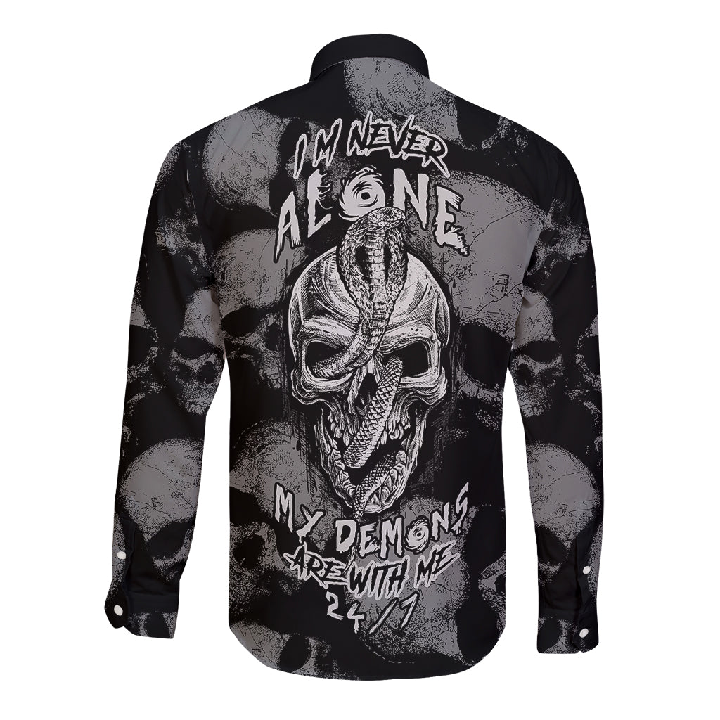 Black long sleeve button shirt with back skull and demon graphic