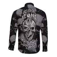 Black long sleeve button shirt with back skull and demon graphic