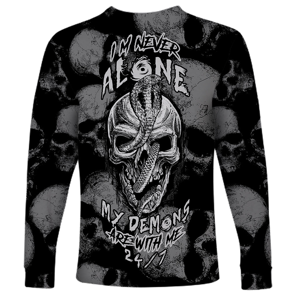 Unisex black long-sleeve shirt with skull demon graphic and slogan print