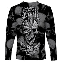 Unisex black long-sleeve shirt with skull demon graphic and slogan print
