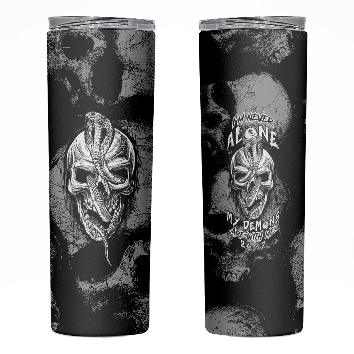 Skull Pattern Skinny Tumbler I'm Never Alone - My Demon Are With Me 24/7