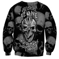 Black skull-pattern sweatshirt with distressed demon skull graphic and text on front