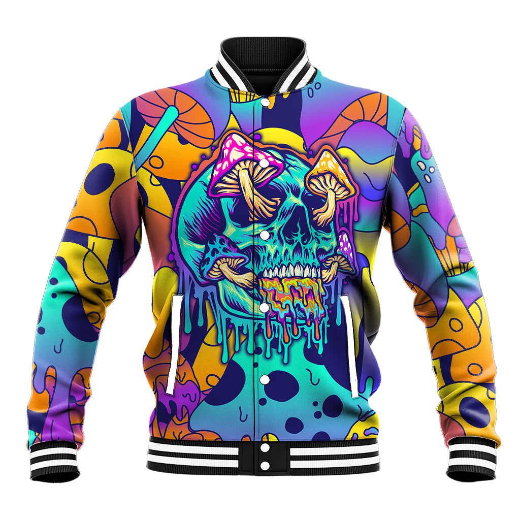 Multicolor front skull graphic varsity baseball jacket with ribbed striped collar