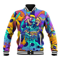 Multicolor front skull graphic varsity baseball jacket with ribbed striped collar