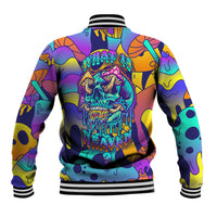 Multicolor skull graphic baseball jacket with ribbed striped collar and cuffs