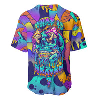 Multicolor skull graphic baseball jersey with drip text 'WHAT IS HEAVEN' on front