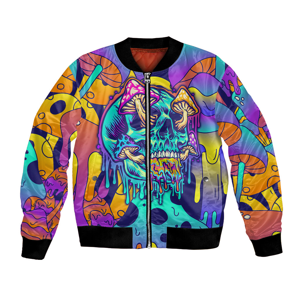 Multicolor unisex bomber jacket with skull graphic, front zip, ribbed black cuffs