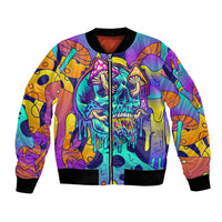 Multicolor unisex bomber jacket with skull graphic, front zip, ribbed black cuffs