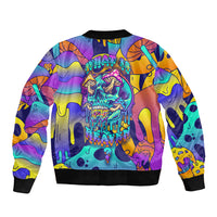 Multicolor unisex bomber jacket with skull graphic on back, ribbed black cuffs