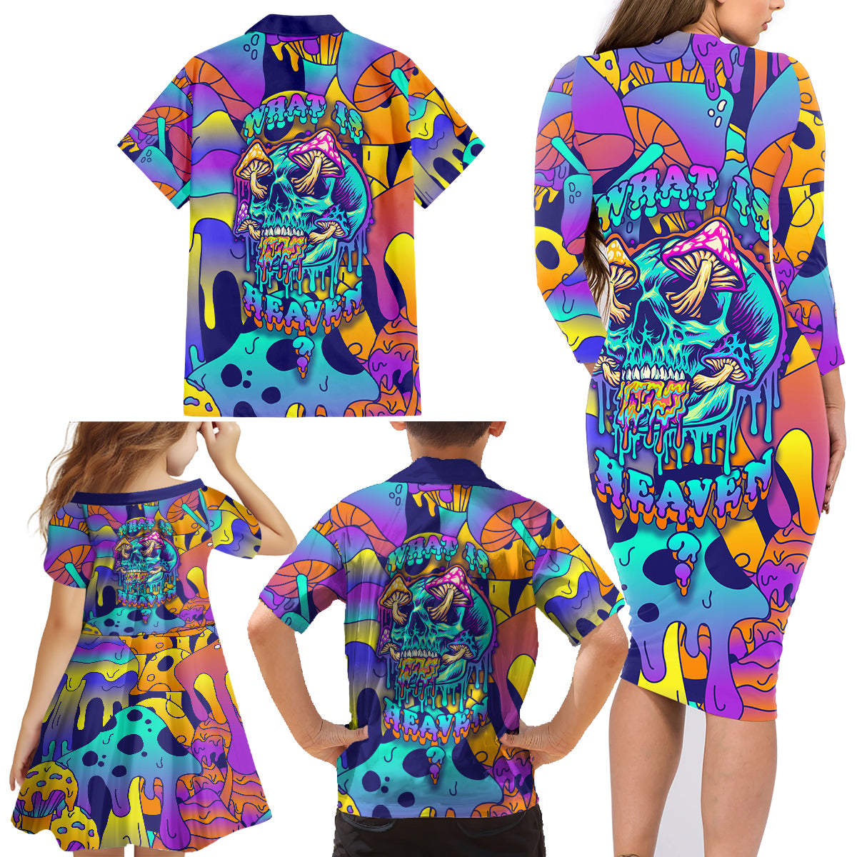 High Feel Skull Family Matching Long Sleeve Bodycon Dress and Hawaiian Shirt What Is Heaven - Wonder Print Shop