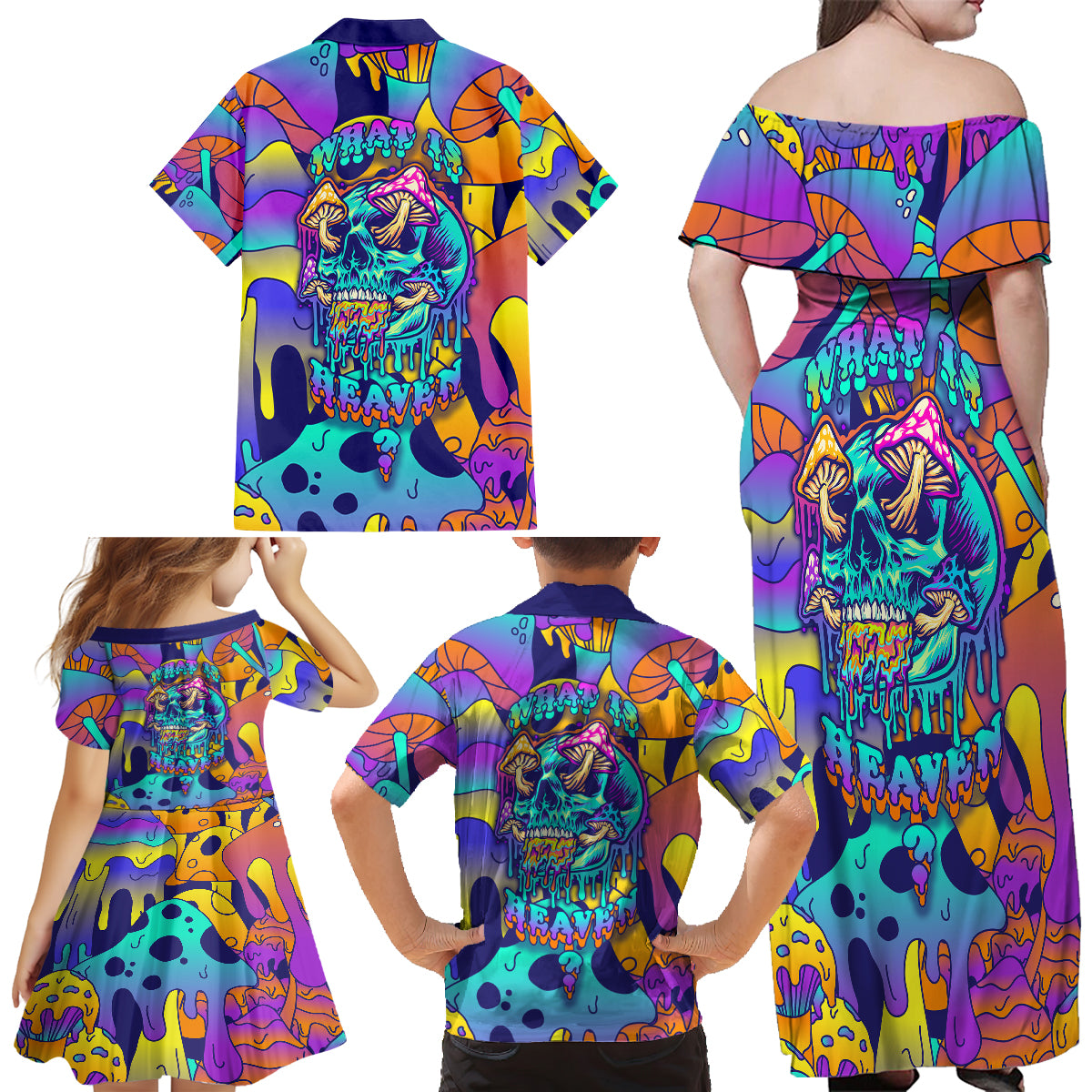 High Feel Skull Family Matching Off Shoulder Long Sleeve Dress and Hawaiian Shirt What Is Heaven - Wonder Print Shop