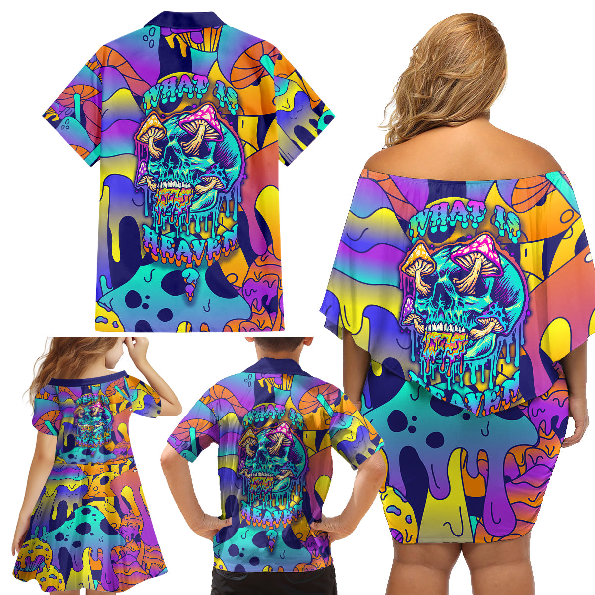 High Feel Skull Family Matching Off Shoulder Short Dress and Hawaiian Shirt What Is Heaven - Wonder Print Shop