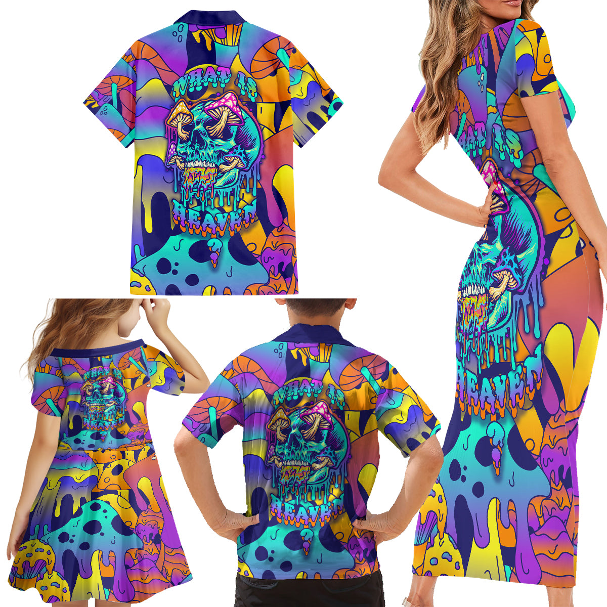 High Feel Skull Family Matching Short Sleeve Bodycon Dress and Hawaiian Shirt What Is Heaven - Wonder Print Shop