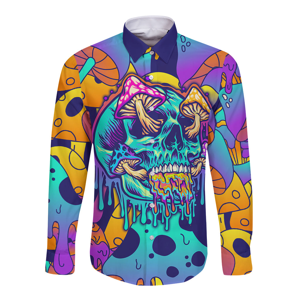 Multicolor long-sleeve button-up shirt with large skull graphic and drip details, collared.