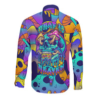 Multicolor long-sleeve button shirt with front skull artwork and drips, pointed collar.