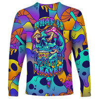 Unisex long sleeve shirt with multicolor abstract pattern and dripping skull graphic
