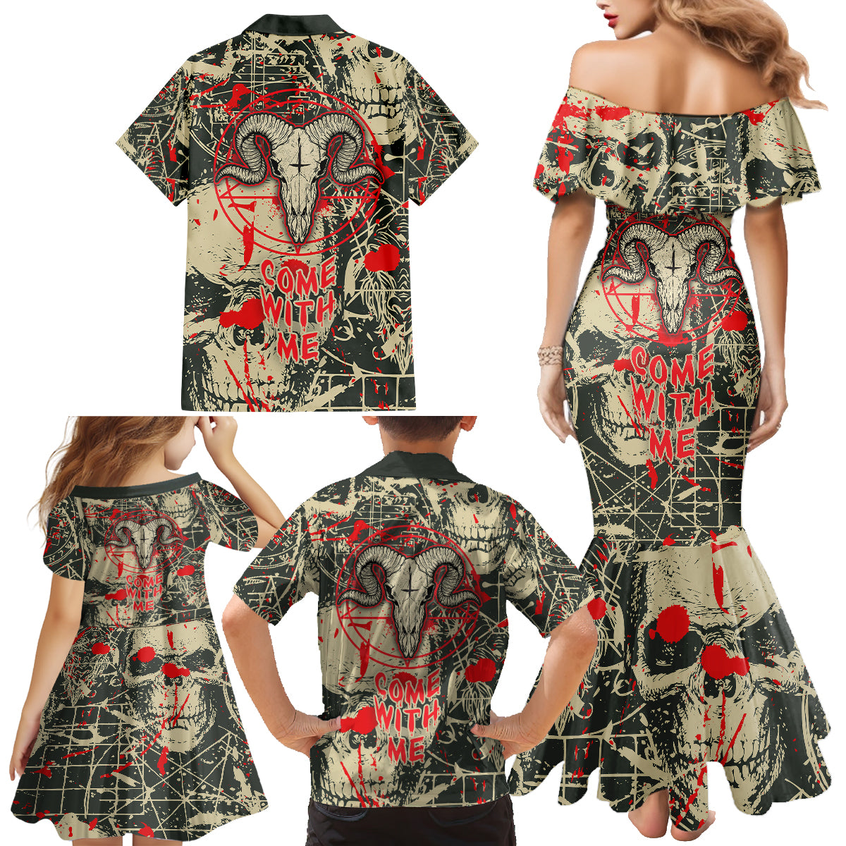 Skull Pattern Family Matching Mermaid Dress and Hawaiian Shirt Demon Art - Come With Me - Wonder Print Shop