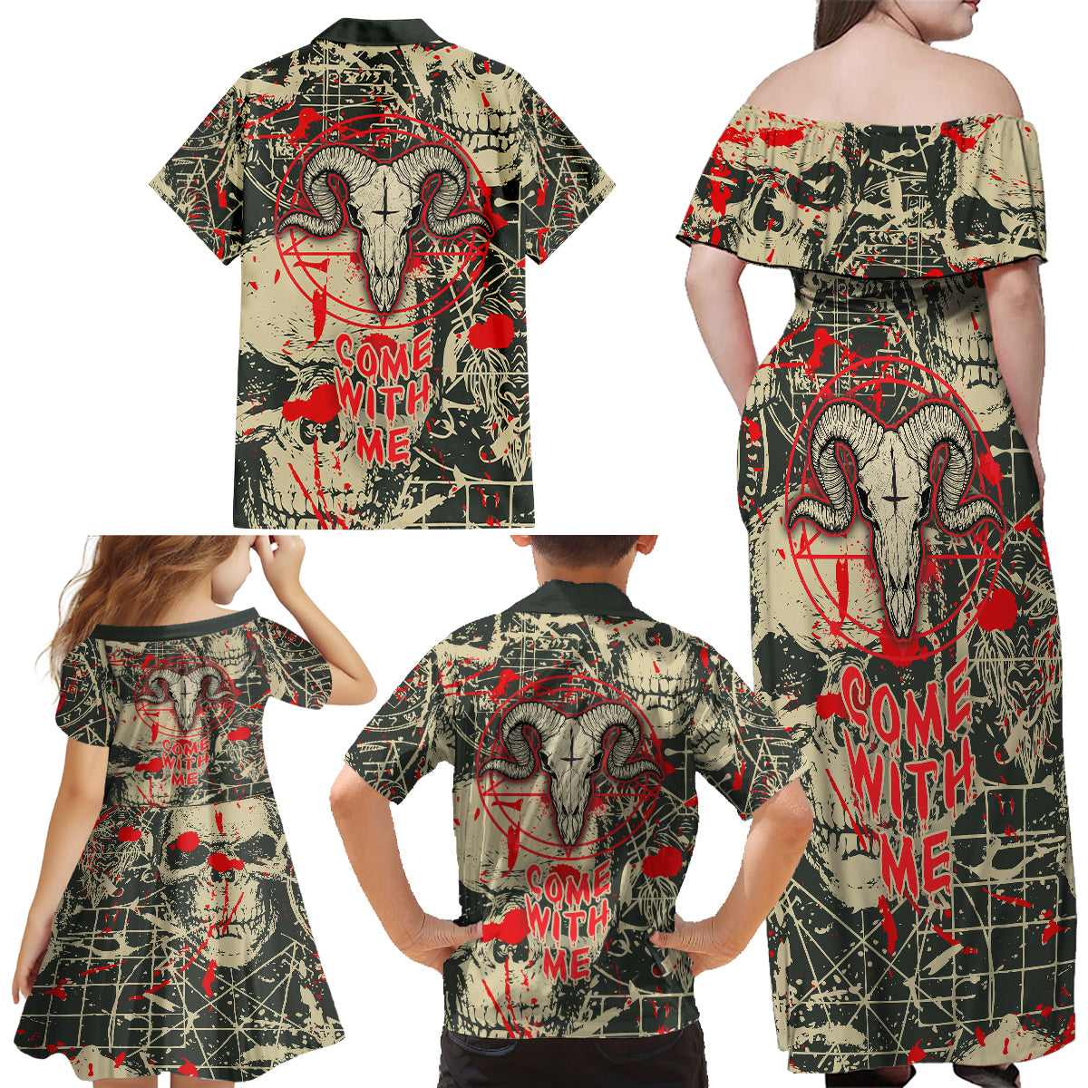 Skull Pattern Family Matching Off Shoulder Maxi Dress and Hawaiian Shirt Demon Art - Come With Me - Wonder Print Shop