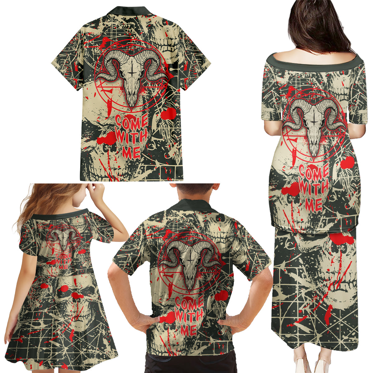 Skull Pattern Family Matching Puletasi Dress and Hawaiian Shirt Demon Art - Come With Me - Wonder Print Shop